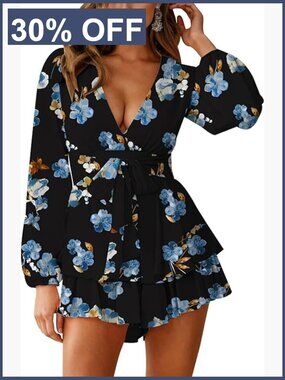 Floral V-Neck Romper with Ruffle Hem and Long Sleeves